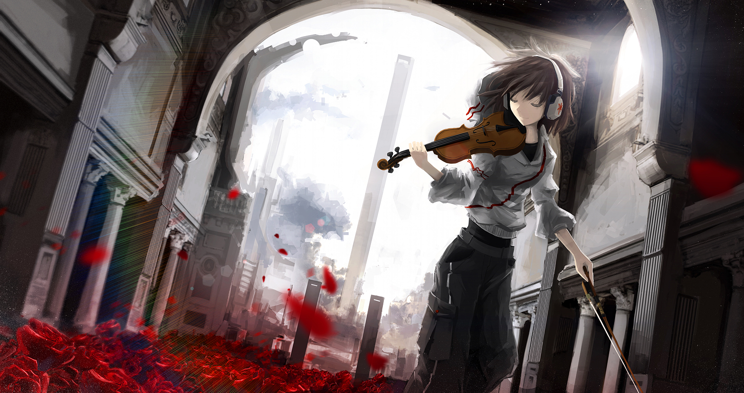 arufa_(hourai-sugar), brown_hair, flowers, headphones, instrument, original, rose, short_hair, violin