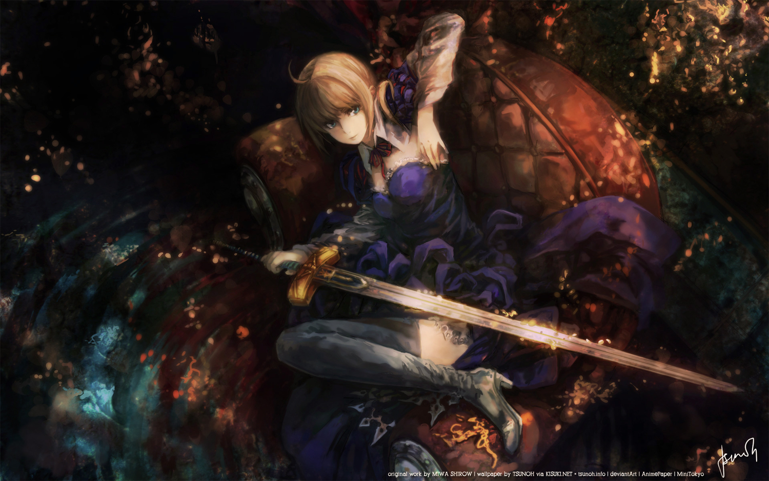artoria_pendragon_(all), fate_(series), fate/stay_night, miwa_shirow, saber, signed, sword, watermark, weapon