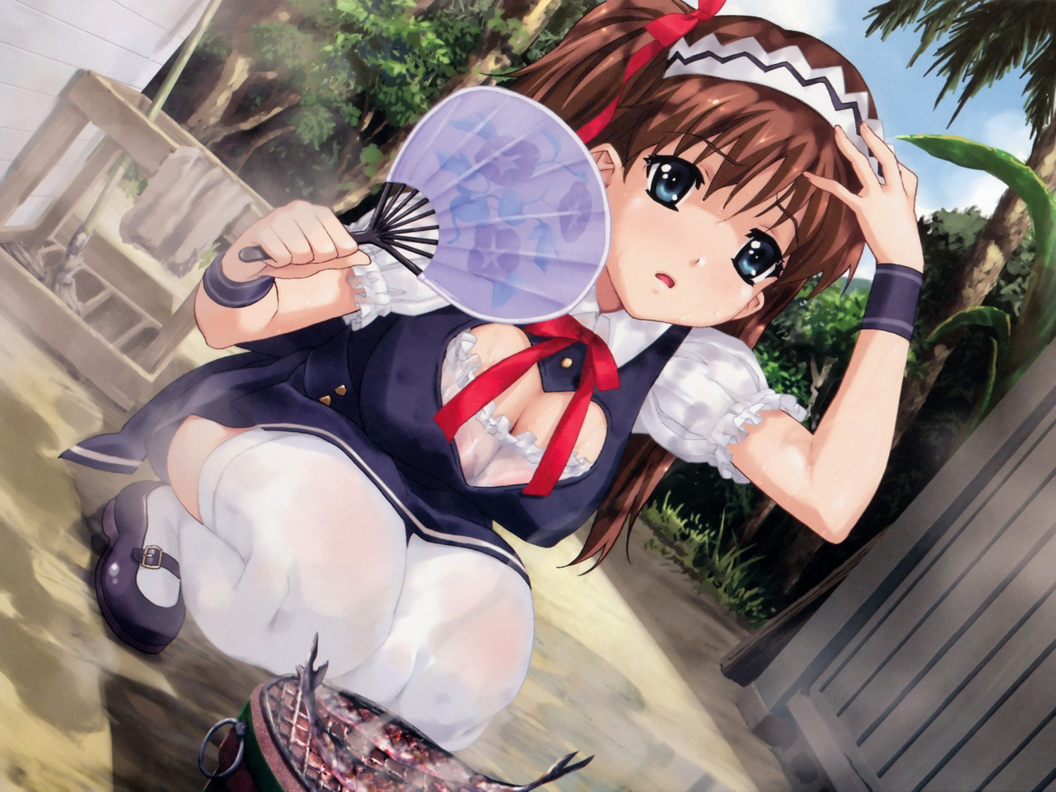 amamiya_momona, breasts, cleavage, food, happoubi_jin, headband, maid, resort_boin