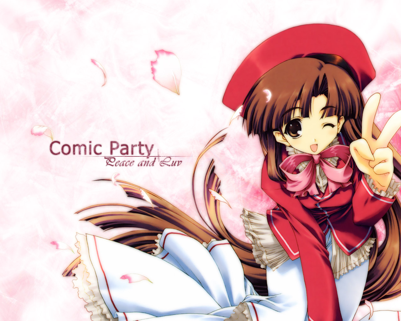 bow, brown_eyes, brown_hair, comic_party, hat, long_hair, mikage_subaru, petals, wink