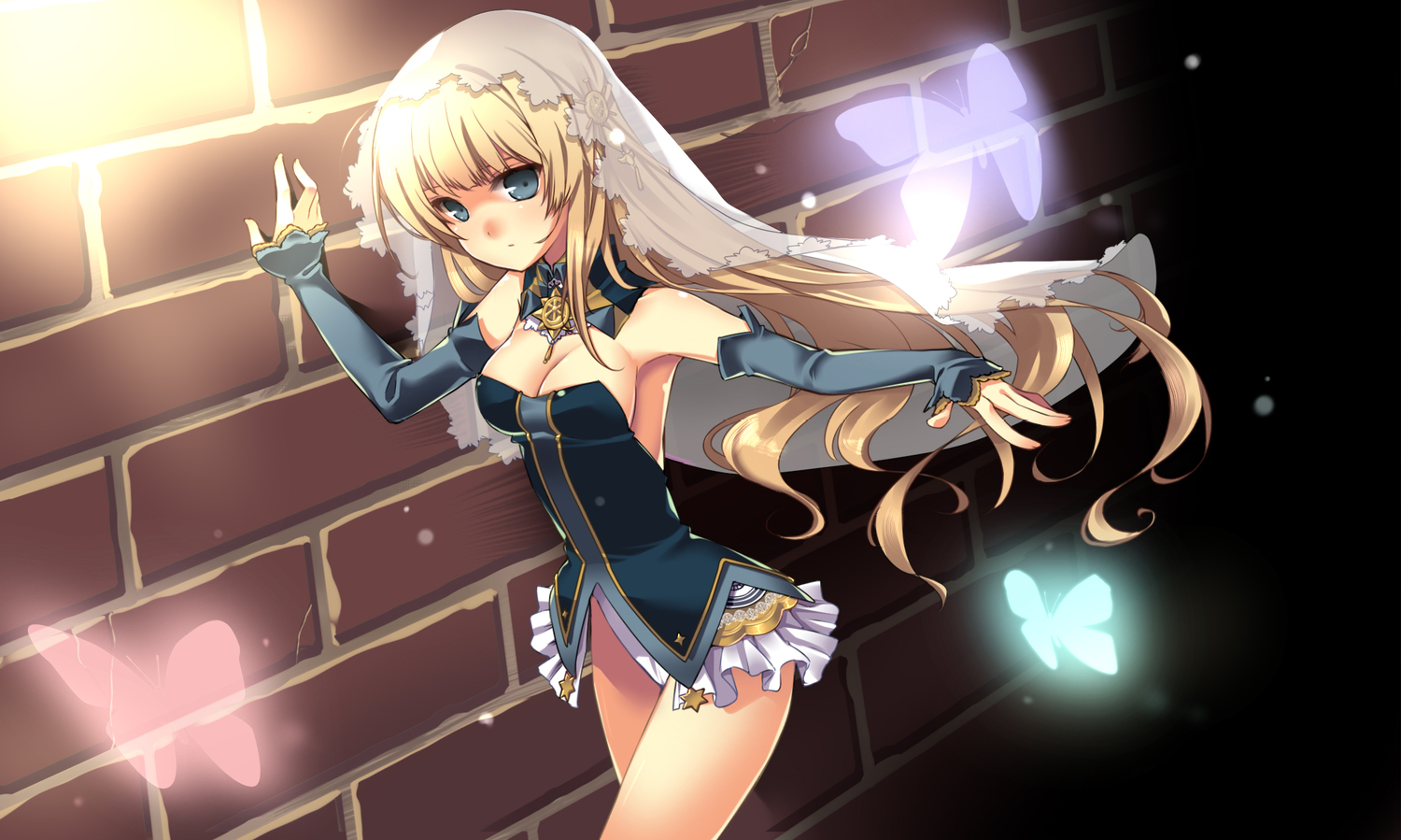 blonde_hair, blue_eyes, breasts, butterfly, choker, cleavage, headdress, helena_k_sync, kuro_(kuronell), long_hair, sideboob, sword_girls