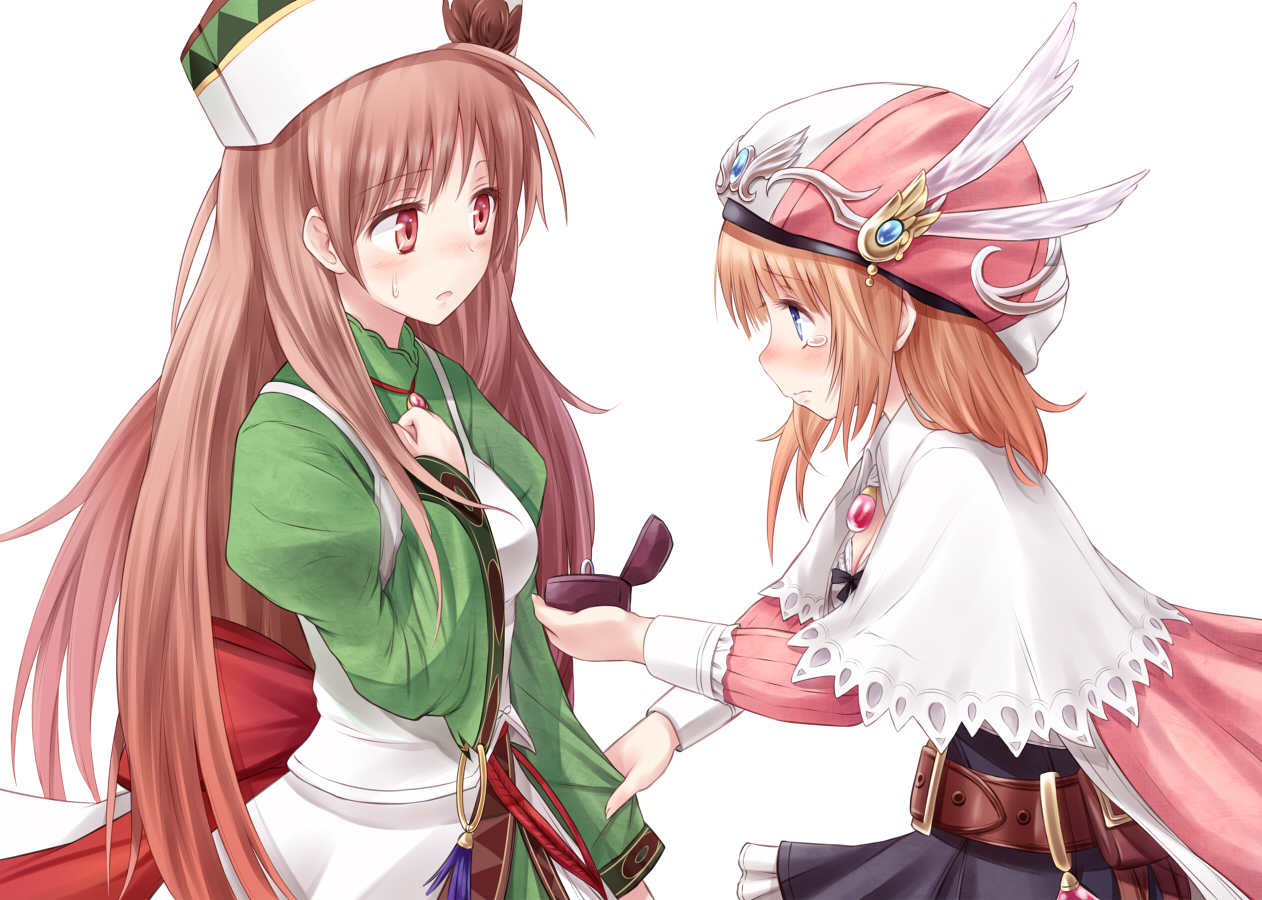 2girls, atelier_rorona, blue_eyes, blush, brown_hair, dress, hat, long_hair, red_eyes, rororina_fryxell, suzushiro_yukari, tears, viorate_platane