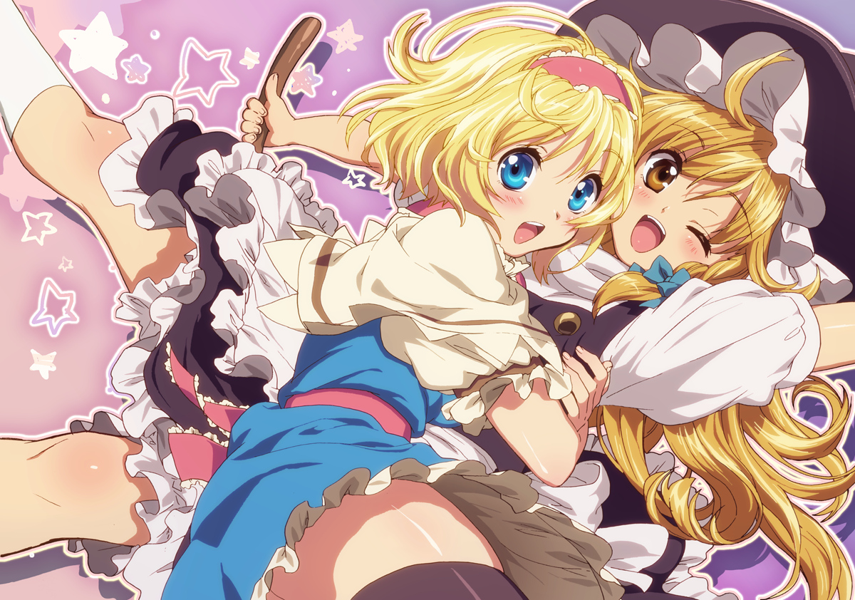 2girls, alice_margatroid, aqua_eyes, blonde_hair, blush, bow, dress, hat, kirisame_marisa, long_hair, ribbons, short_hair, tokira_nozumi, touhou, witch, yellow_eyes