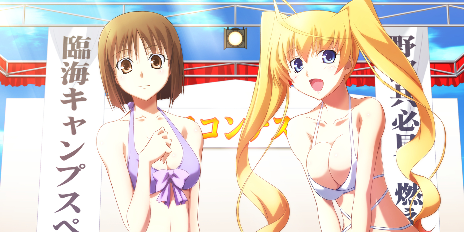 2girls, bikini, blonde_hair, breasts, brown_hair, cleavage, game_cg, izumi_mahiru, ophelia_uriela_diefenbaker, shijima_maki, soranica_ele, swimsuit, twintails