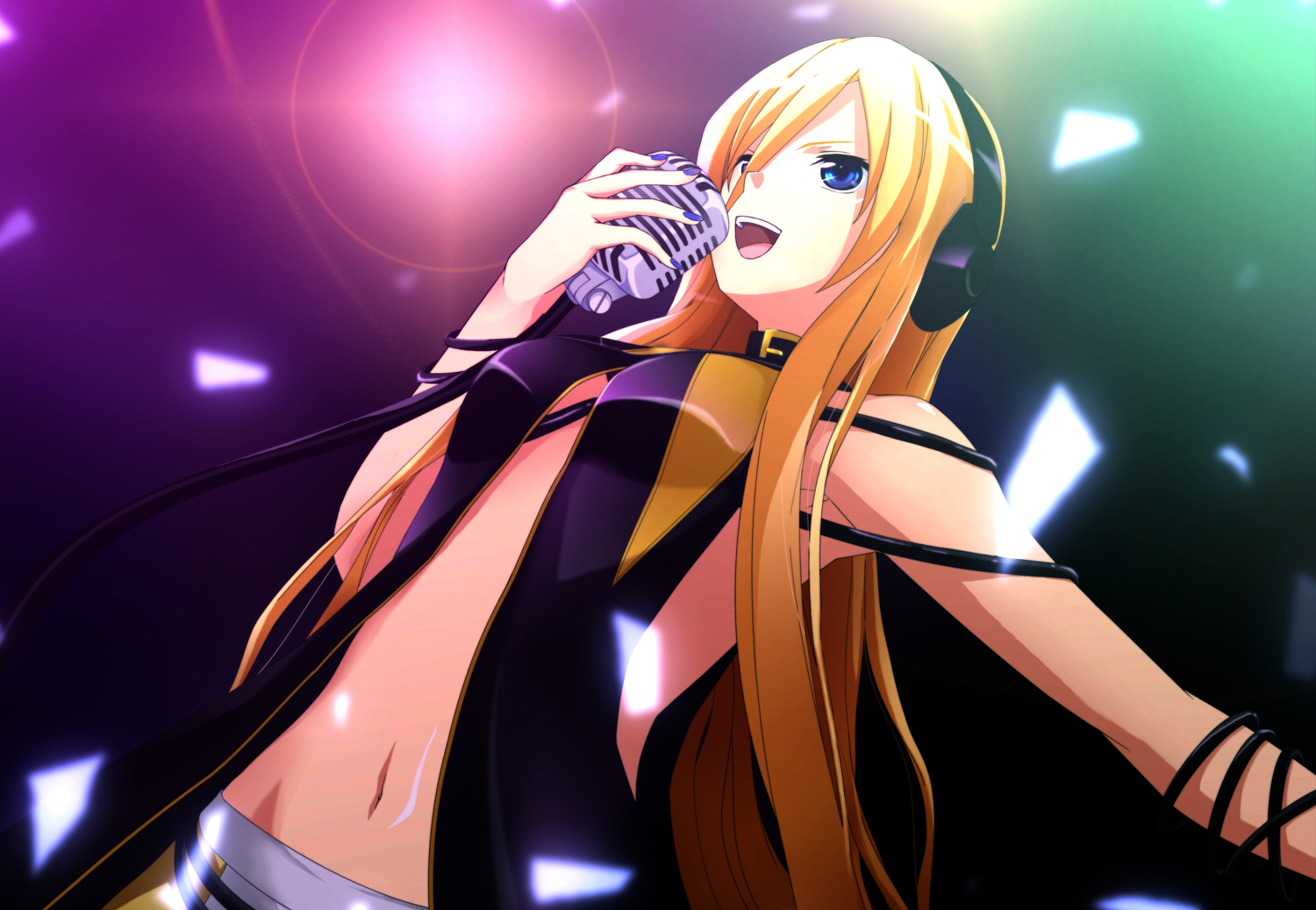 blonde_hair, blue_eyes, choker, headphones, lily_(vocaloid), microphone, pinky_iwata_(gorilla), vocaloid