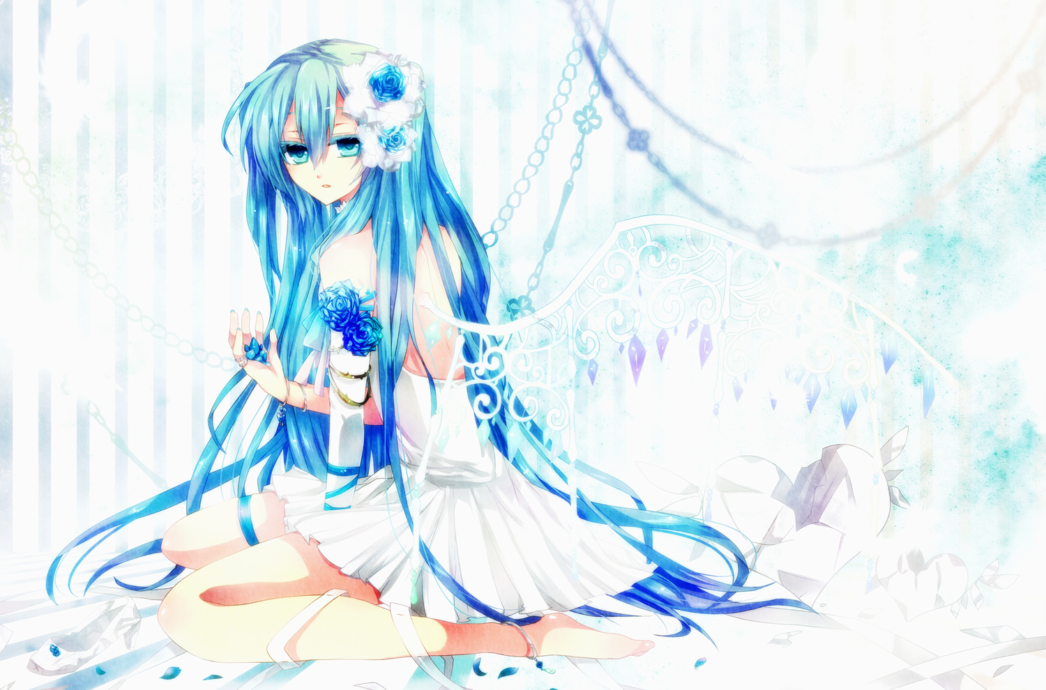akatsuki_yakyou, blue_eyes, blue_hair, dress, flowers, hatsune_miku, rose, vocaloid, white, wings