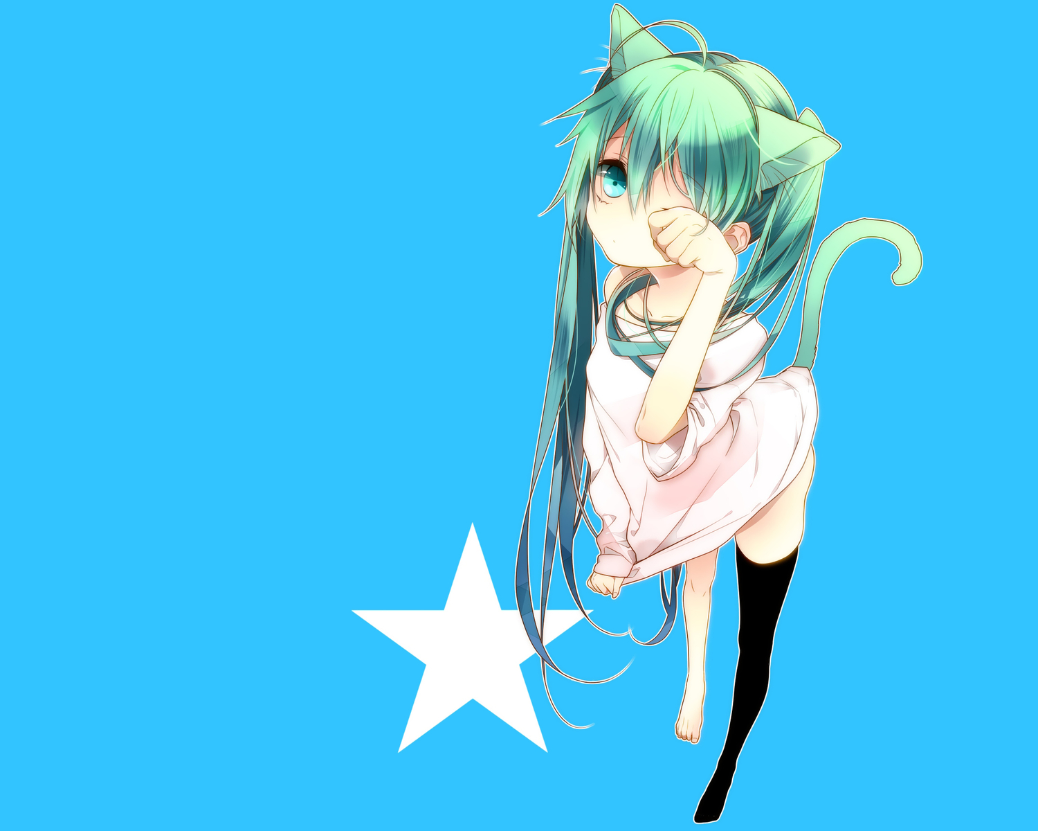 animal_ears, aqua_eyes, aqua_hair, blue, catgirl, cyan, hatsune_miku, naoto_(tulip), stars, tail, thighhighs, vocaloid
