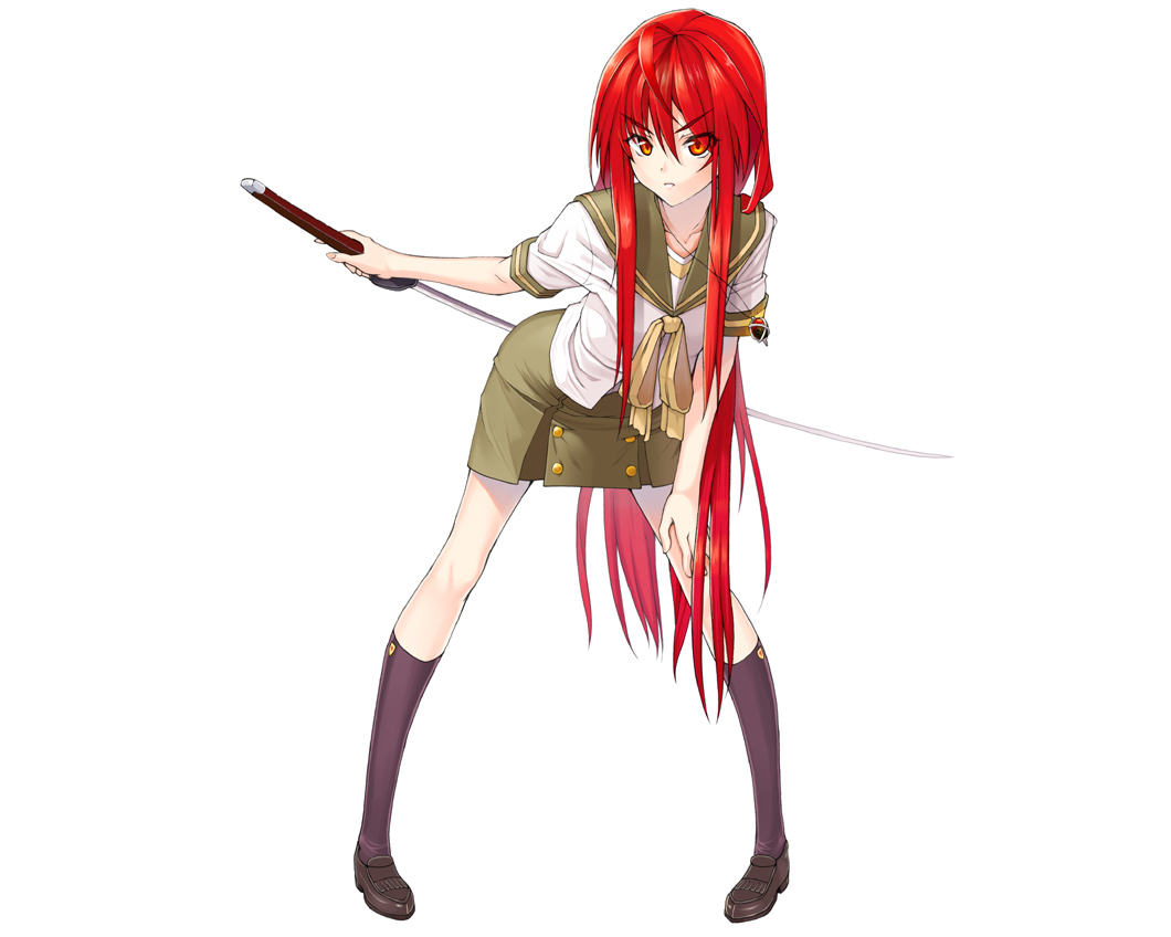 ginshari, katana, kneehighs, long_hair, red_hair, school_uniform, shakugan_no_shana, shana
