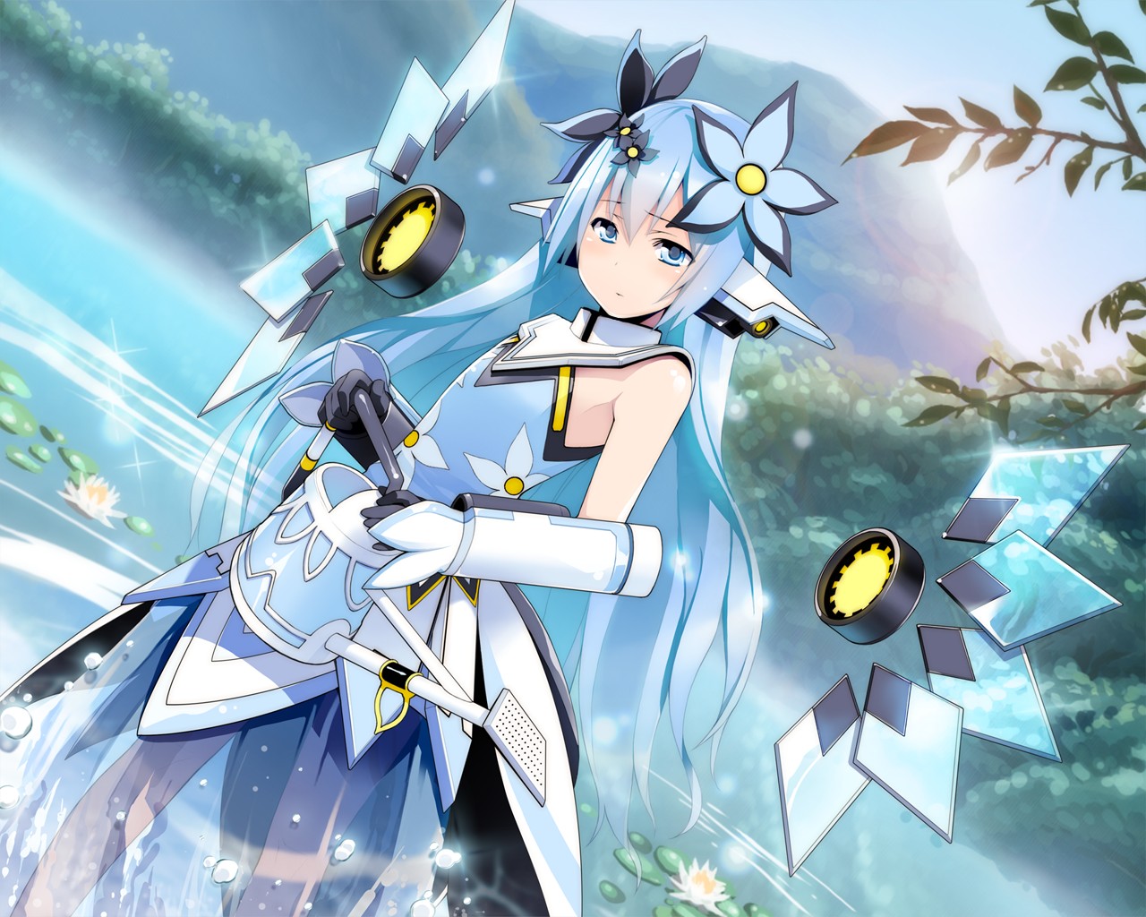blue_eyes, blue_hair, cosmic_break, dress, flowers, ion_(cosmic_break), long_hair, wakaba
