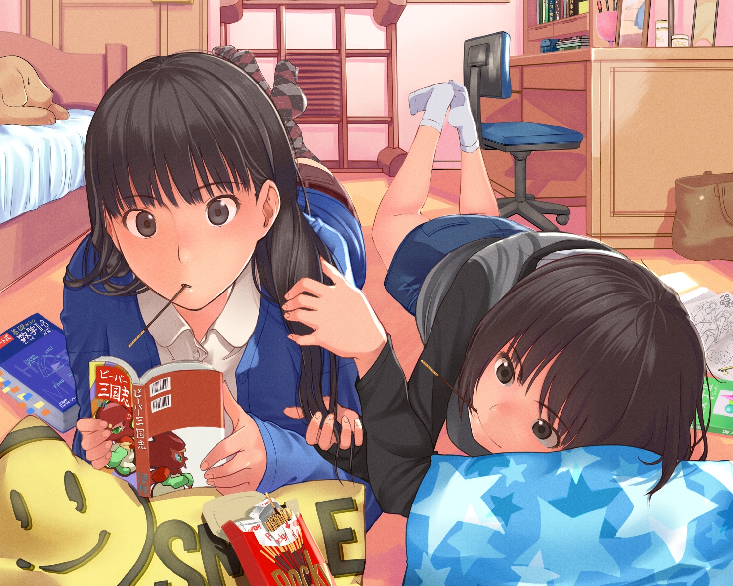 2girls, amagami, ayatsuji_tsukasa, black_hair, book, food, pocky, santa_(sunflower)