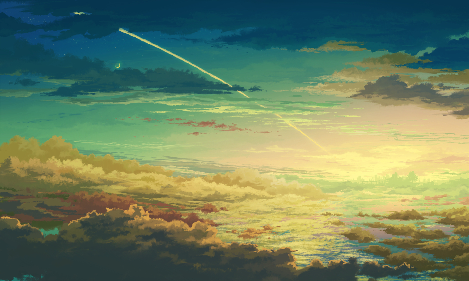 city, clouds, juuyonkou, moon, original, scenic, sky