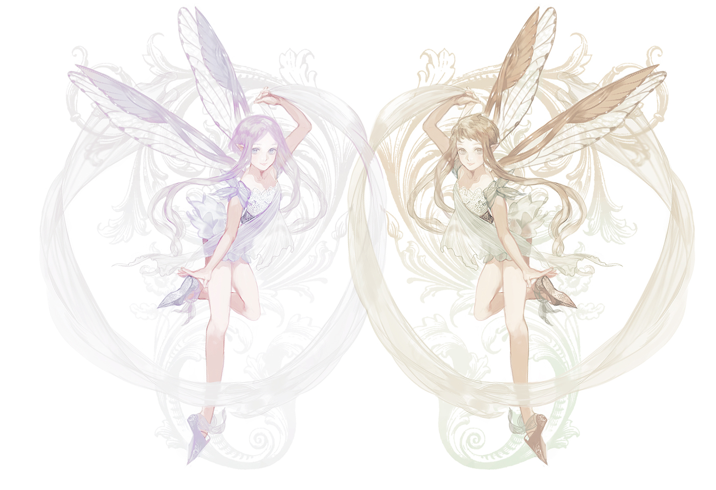 2girls, blue_eyes, brown_eyes, brown_hair, dress, fairy, original, pixiv_fantasia, pointed_ears, purple_hair, ribbons, sato_(vintage), white, wings