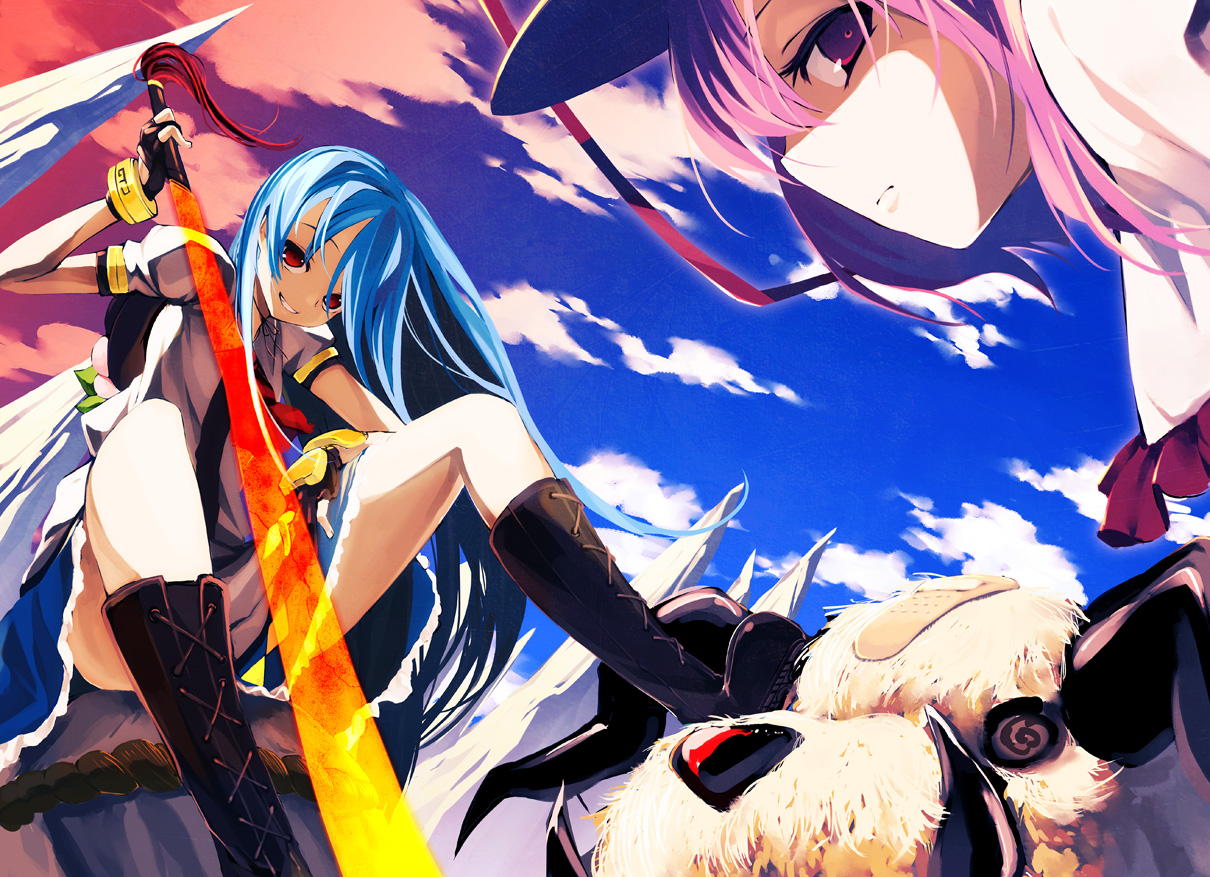 bandaid, blue_hair, boots, cloud_palette, clouds, hat, hinanawi_tenshi, nagae_iku, pink_hair, sky, sunset, sword, touhou, weapon