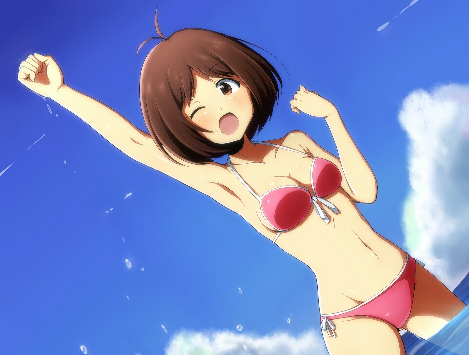 bikini, blush, breasts, brown_eyes, brown_hair, cleavage, clouds, idolmaster