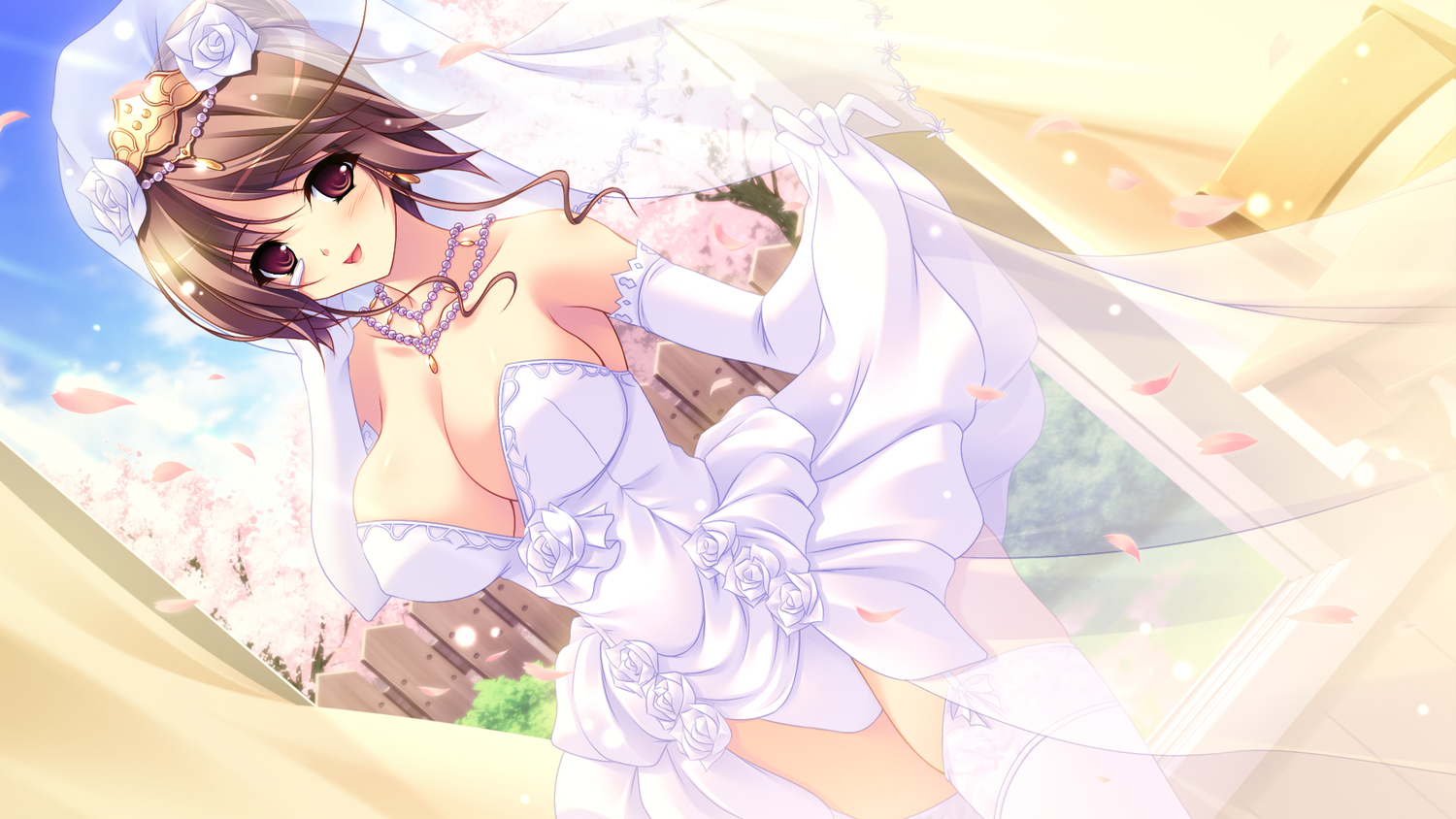 breasts, brown_hair, cleavage, game_cg, hinamidori_chouko, nakano_sora, necklace, petals, pochi_to_goshujin-sama, skirt, skirt_lift, skyfish, stockings, wedding_attire