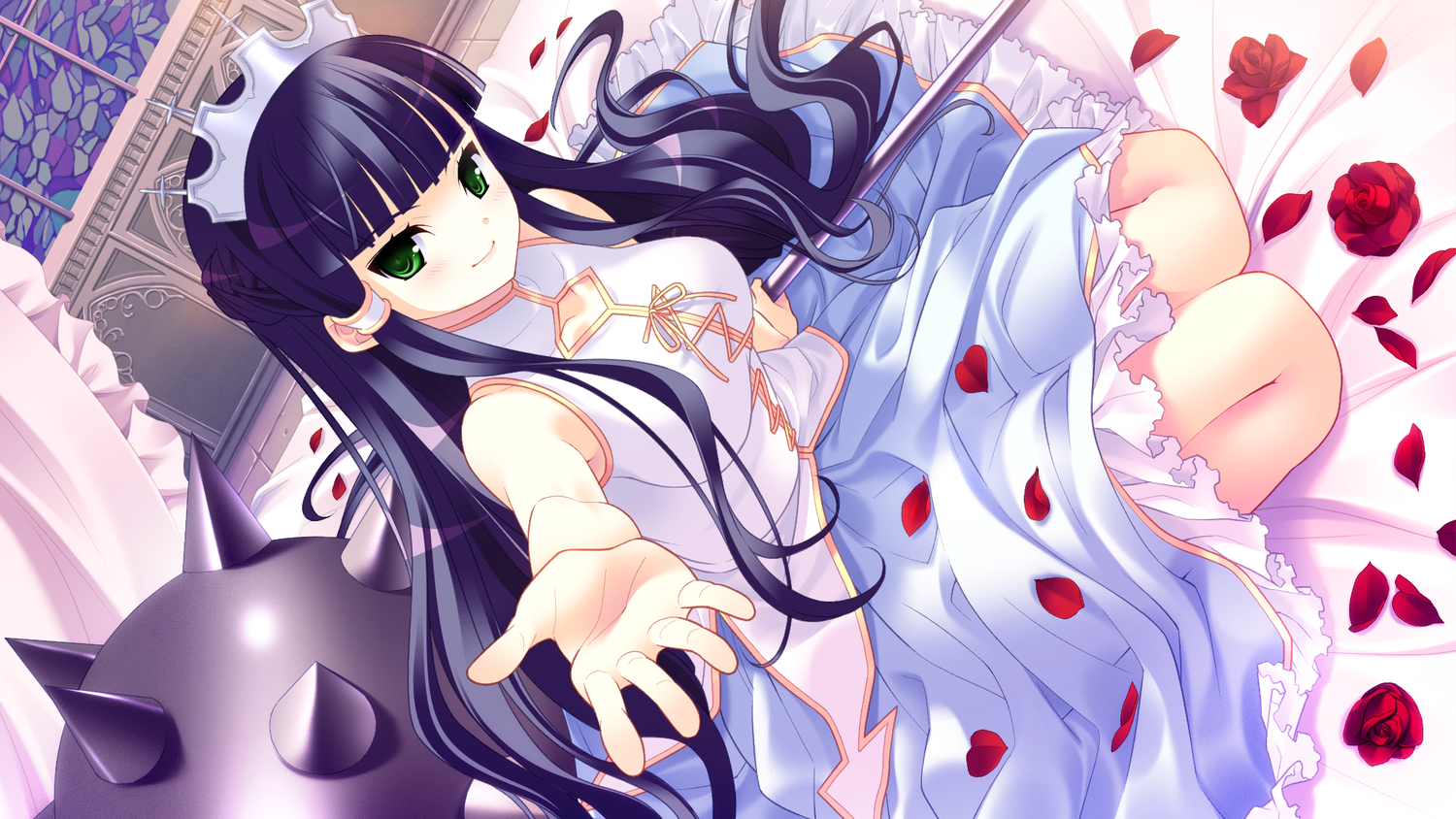 blush, dress, flowers, game_cg, green_eyes, hamashima_shigeo, headdress, long_hair, petals, pochi_to_goshujin-sama, purple_hair, rose, skyfish, weapon, yamamine_hijiri_bernard