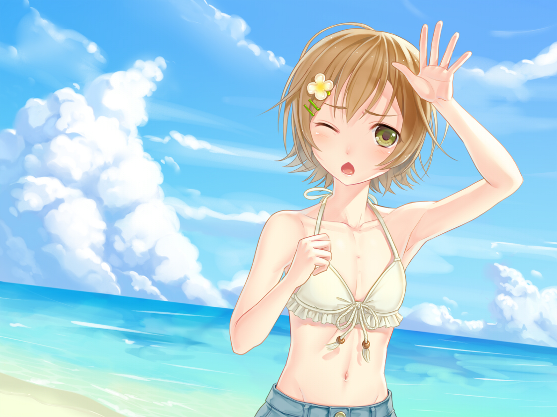 all_male, beach, brown_hair, clouds, green_eyes, makoto_(minami-ke), male, minami-ke