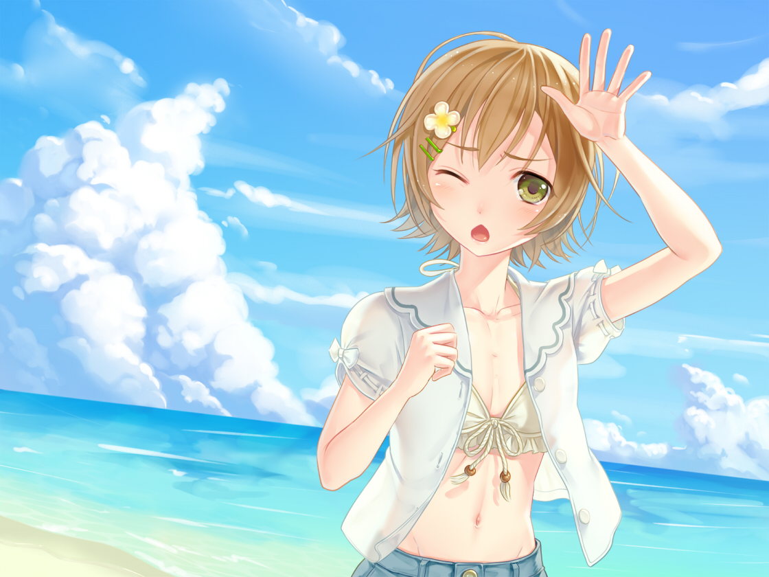 all_male, beach, brown_hair, clouds, green_eyes, makoto_(minami-ke), male, minami-ke