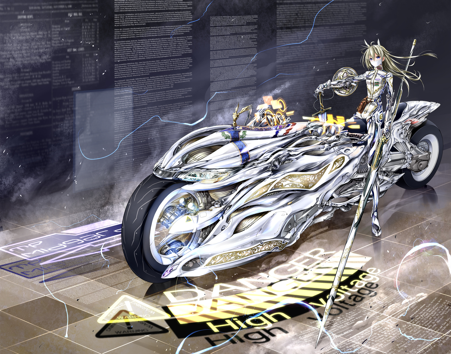 blonde_hair, blue_eyes, giba_(out-low), motorcycle, original, sword, tagme, weapon