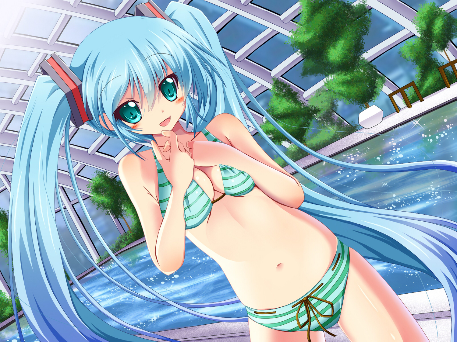 aqua_eyes, bikini, blue_hair, blush, breasts, cleavage, hatsune_miku, long_hair, rankiryuu, sky, swimsuit, third-party_edit, tree, twintails, underwear, vocaloid, water