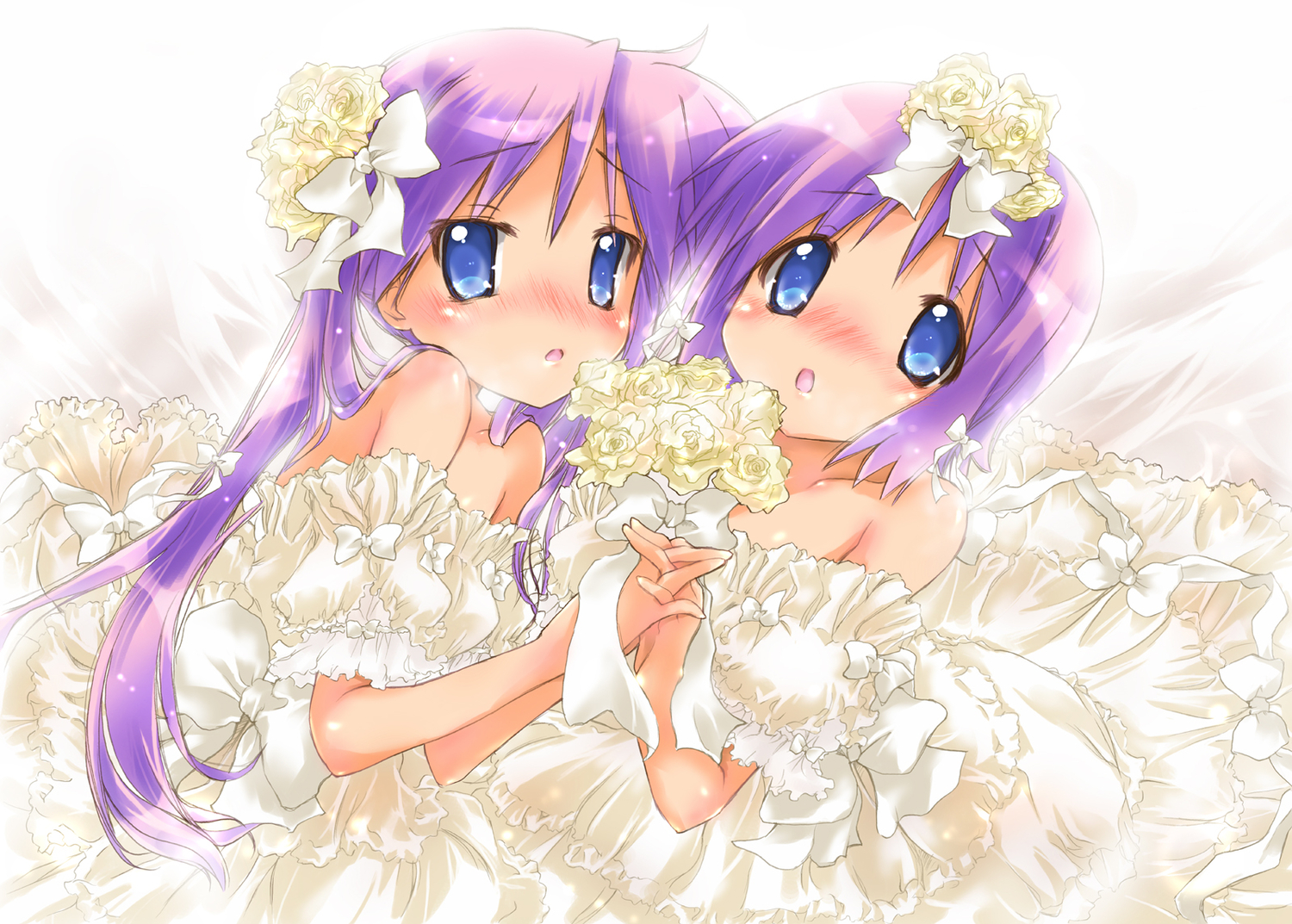 blue_eyes, dress, flowers, hiiragi_kagami, hiiragi_tsukasa, long_hair, lucky_star, nyanmilla, purple_hair, short_hair, twintails, wedding_attire