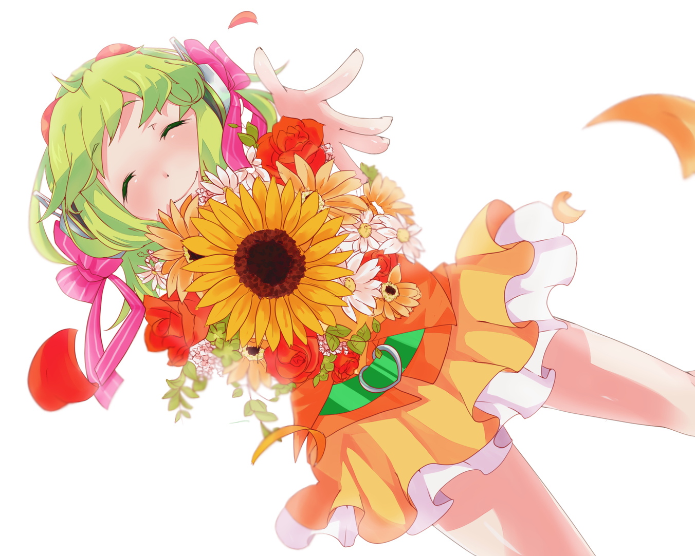 bow, flowers, goggles, green_hair, gumi, petals, short_hair, skirt, uryu, vocaloid