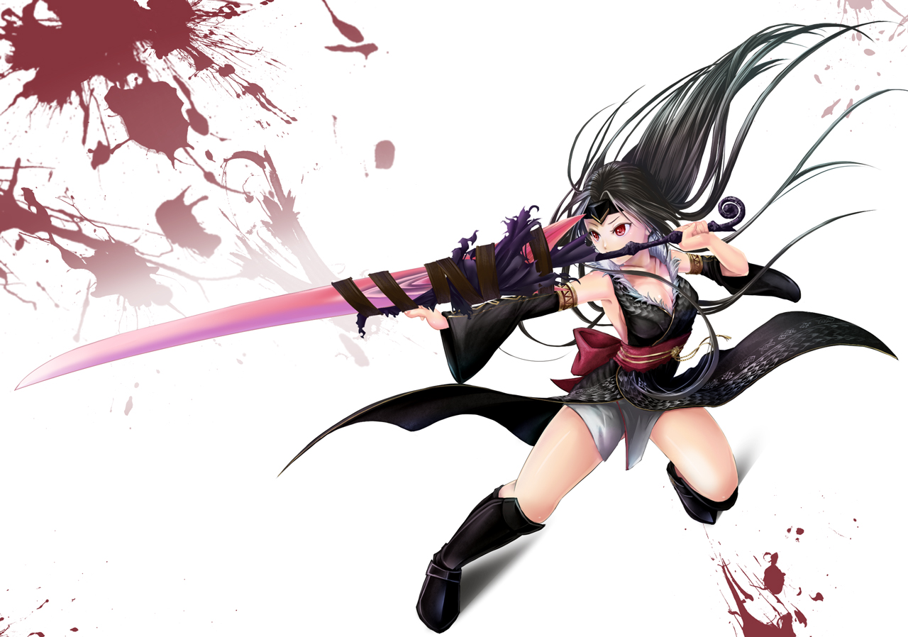 amajita, black_hair, boots, long_hair, monster_hunter, red_eyes, sword, weapon