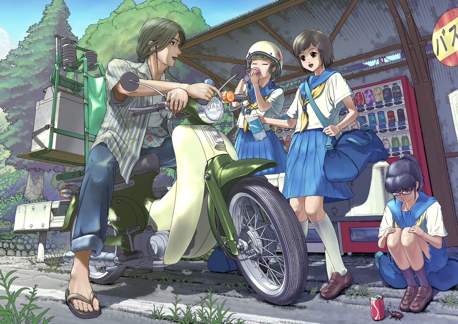 drink, manabu_adachi, motorcycle, original, school_uniform