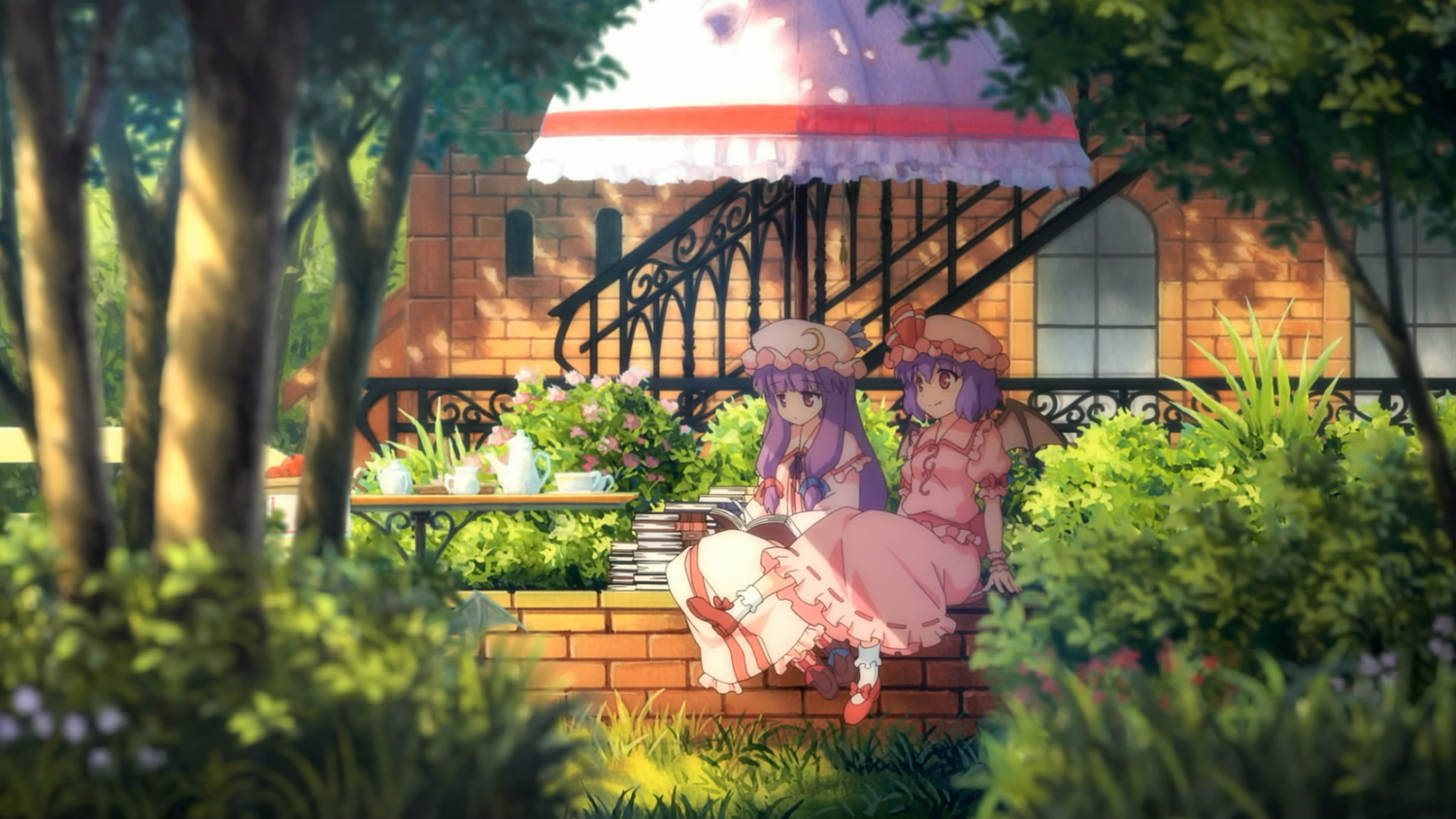 book, building, flowers, hat, patchouli_knowledge, purple_hair, red_eyes, remilia_scarlet, scenic, touhou, tree, umbrella, vampire, weee_(raemz), wings