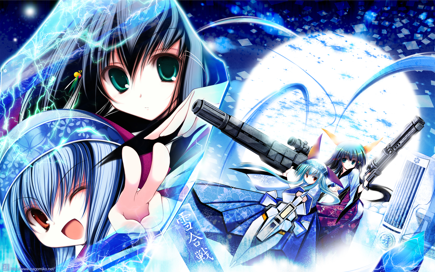 2girls, black_hair, blue_hair, blush, green_eyes, gun, long_hair, moon, nagomi, red_hair, tenmu_shinryuusai, weapon