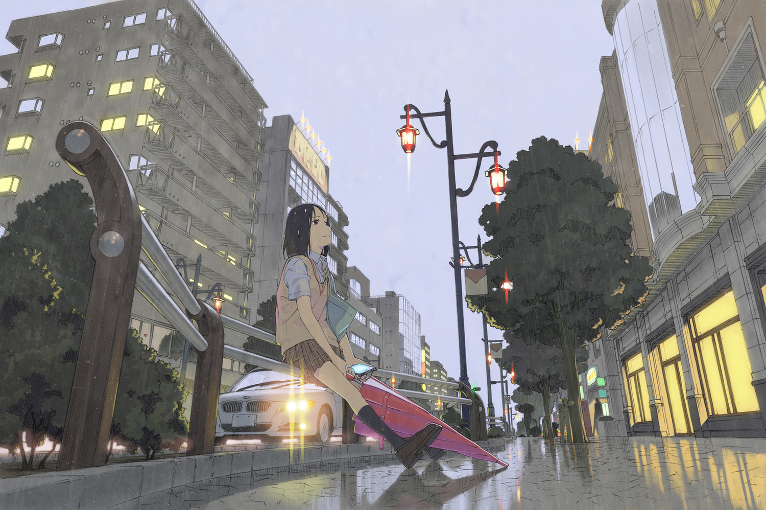 car, city, original, phone, rain, scenic, shiwasu_takashi, skirt, umbrella, water, wet