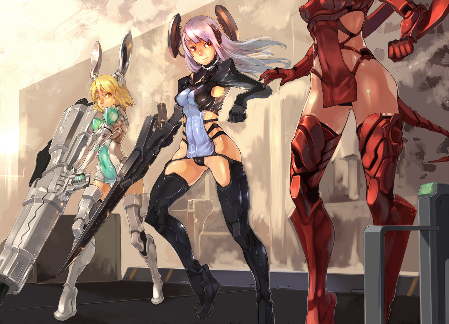 bigegg, blonde_hair, building, red_eyes, weapon, yellow_eyes