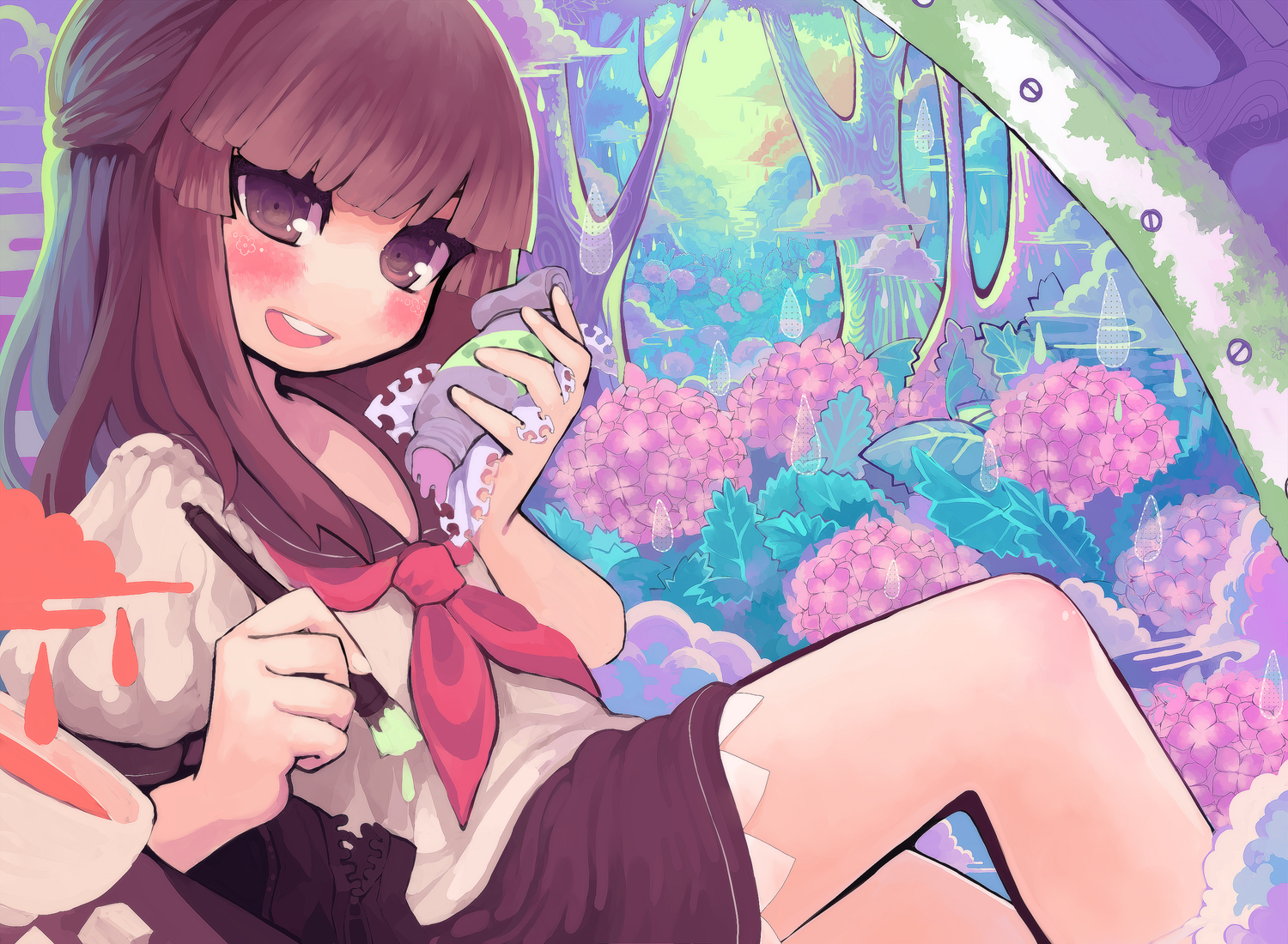 blush, brown_hair, flowers, goose_h, original, tree