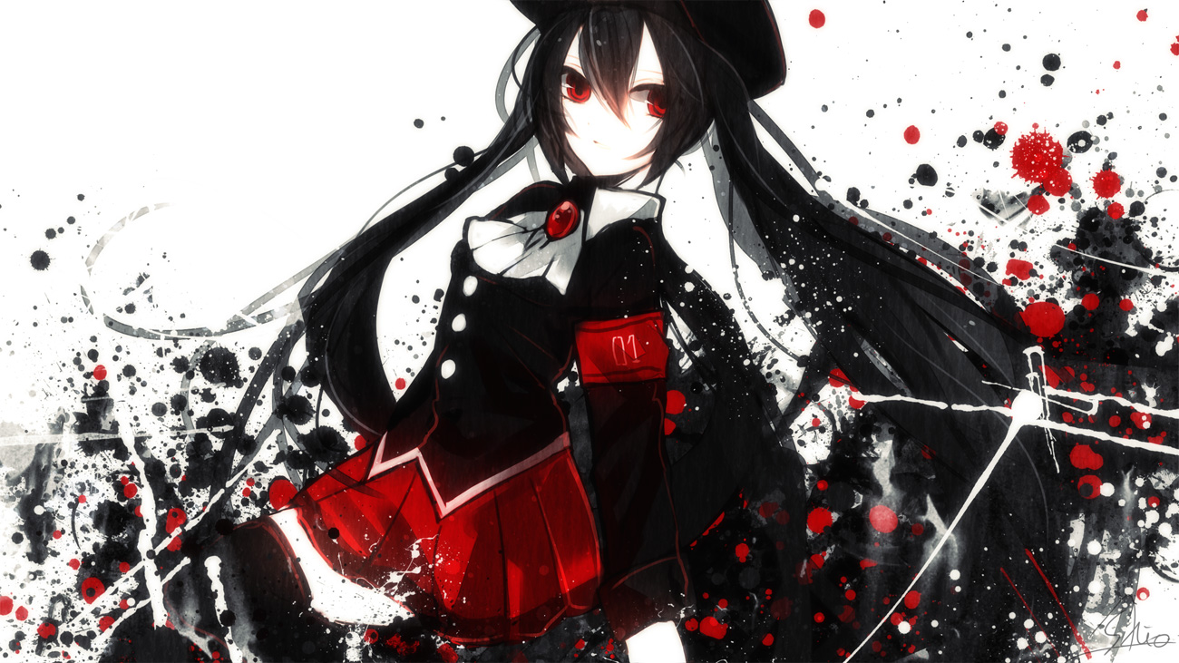black_hair, hatsune_miku, red_eyes, sazanami_shione, tie, uniform, vocaloid