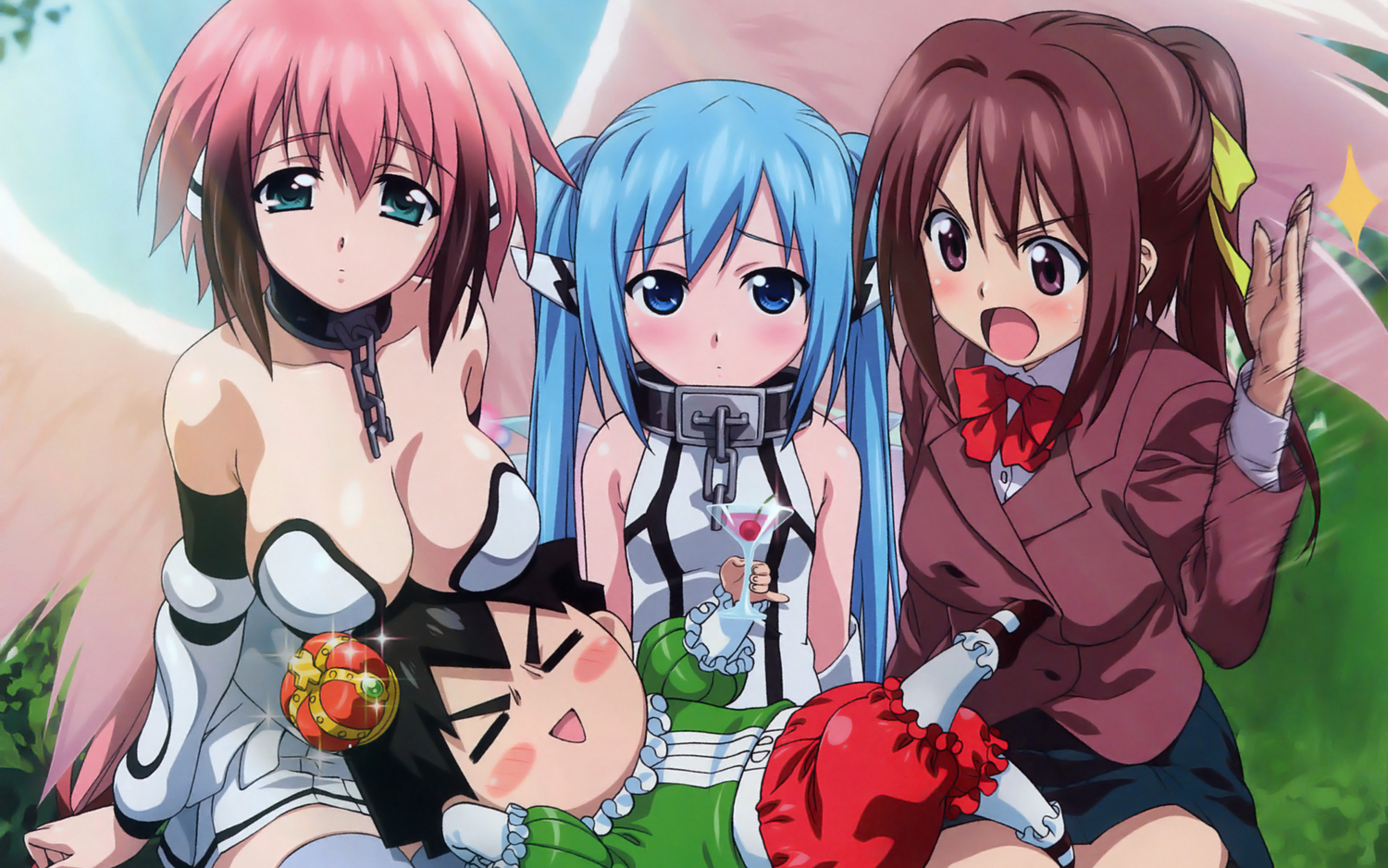 blue_eyes, blue_hair, blush, breasts, brown_eyes, brown_hair, chain, cherry