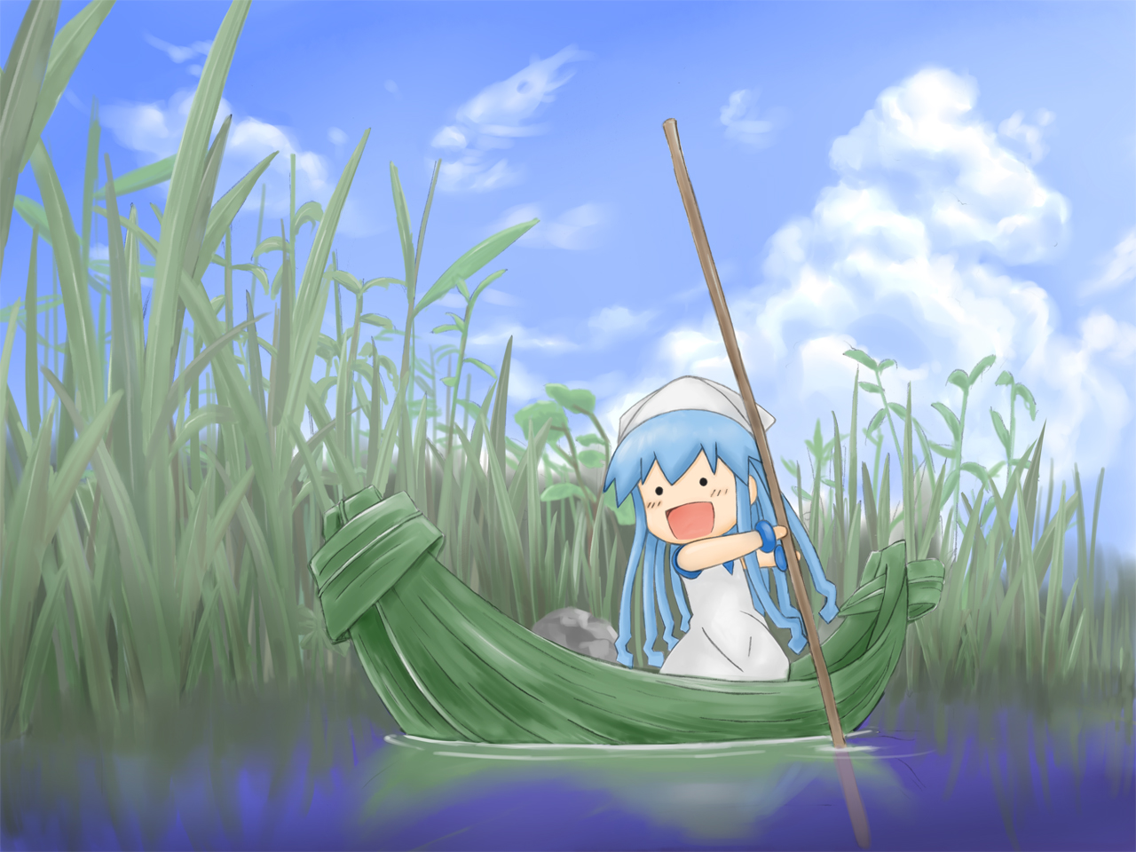 blue_hair, blush, boat, chibi, clouds, ikamusume, oniyan, shinryaku!_ikamusume, sky, water