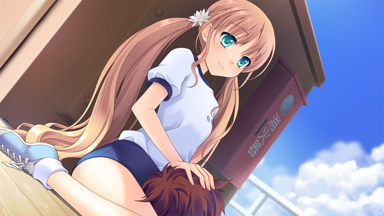 astraythem, clouds, game_cg, ginta, gym_uniform, sakurazuka_natsuki, sakurazuka_tsukumo, sky