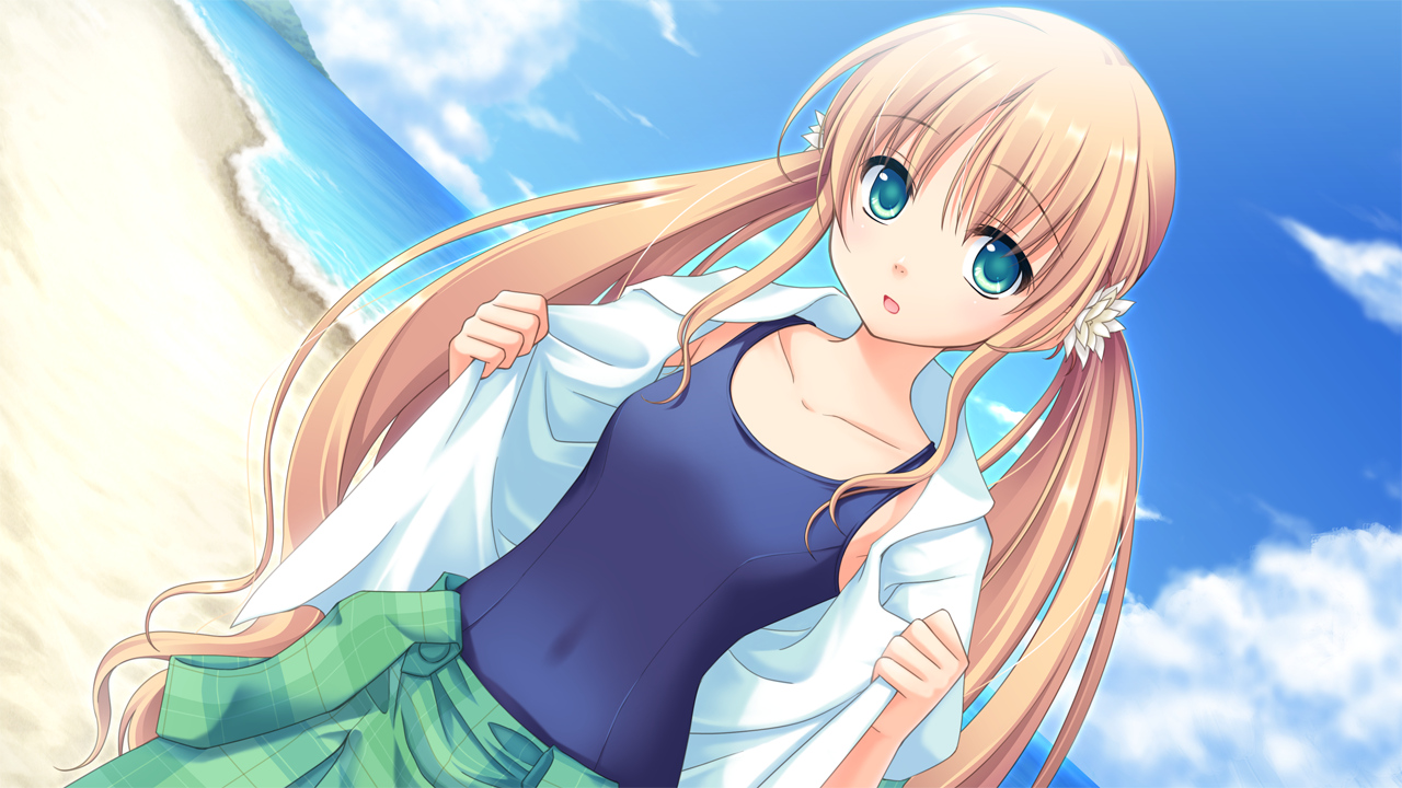 astraythem, beach, blonde_hair, clouds, game_cg, ginta, sakurazuka_natsuki, sky