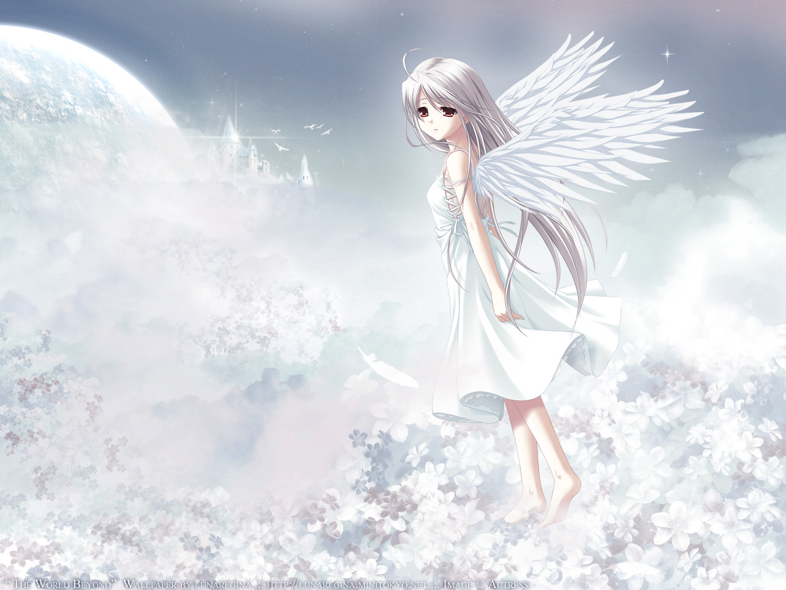 dress, long_hair, red_eyes, rino, white, white_clarity, white_hair, wings