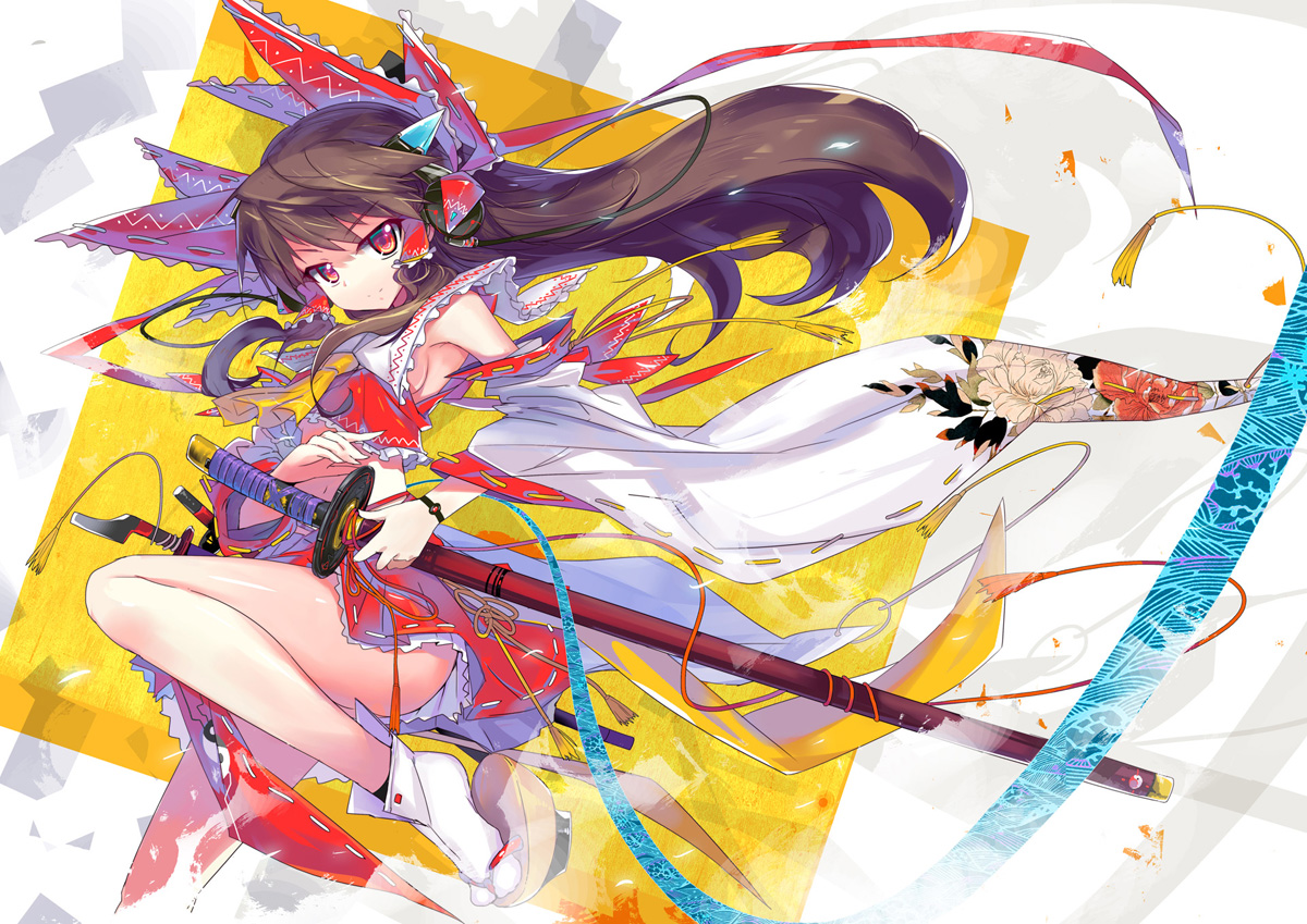 brown_hair, hakurei_reimu, headphones, japanese_clothes, katana, long_hair, miko, red_eyes