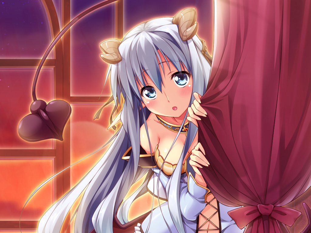 asteel_runastia, astronauts, blue_eyes, blush, erect!, game_cg, gray_hair, horns, long_hair, piromizu, sunset, tail