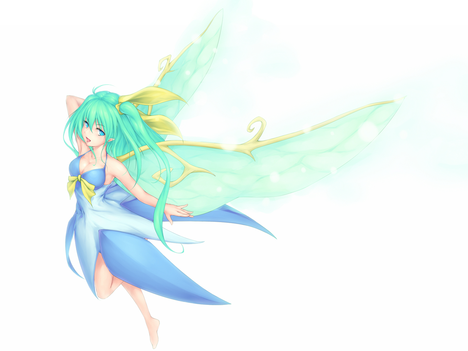 aqua_eyes, barefoot, daiyousei, die_blonde_bestie, dress, fairy, green_hair, long_hair