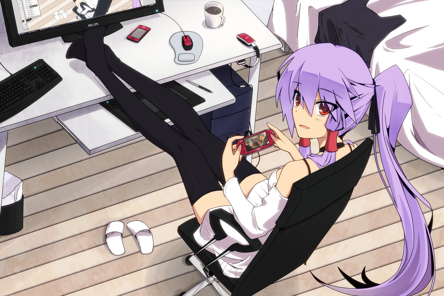 auer, bed, computer, game_console, headphones, jpeg_artifacts, meimu, phone, ponytail, purple_hair, red_eyes, thighhighs, touhou