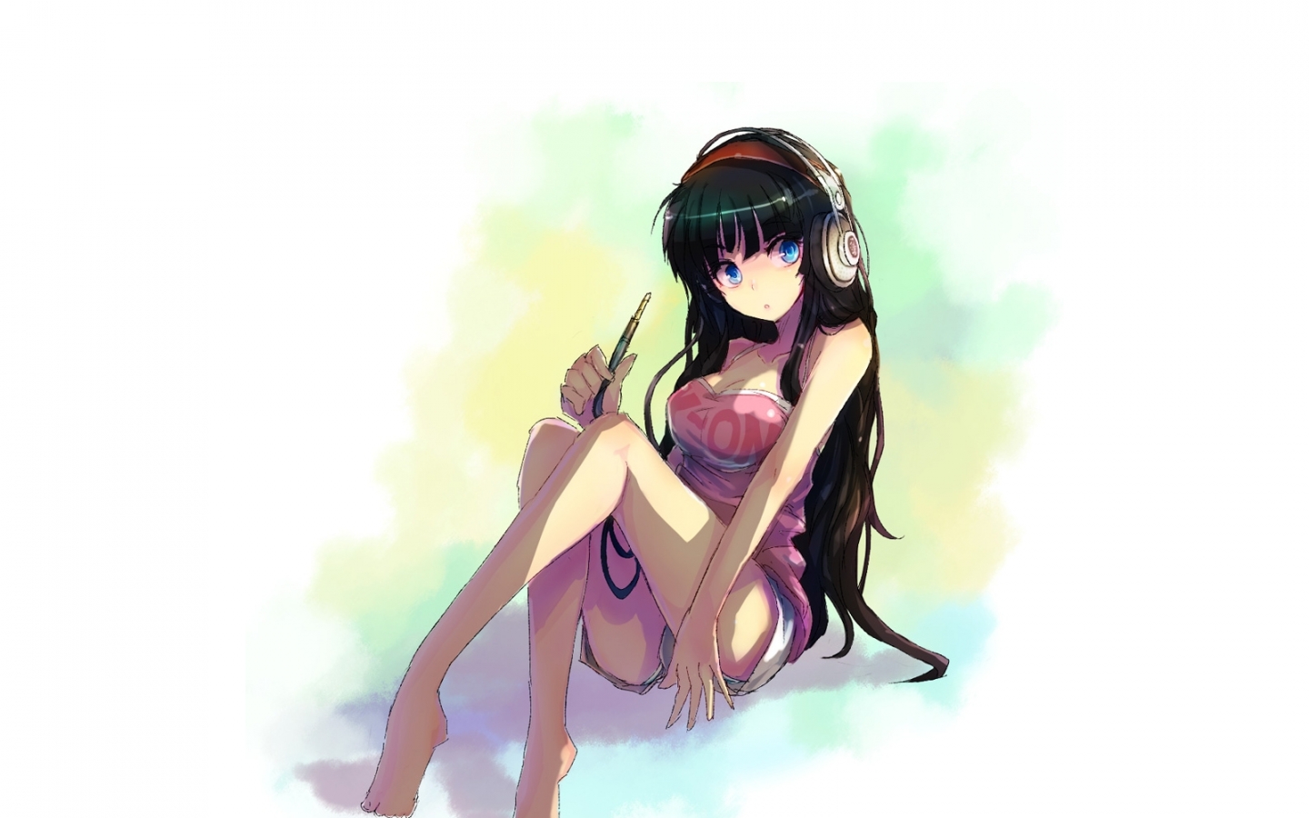 akiyama_mio, barefoot, black_hair, blue_eyes, breasts, cleavage, headphones, kara_(color), k-on!, long_hair, shorts