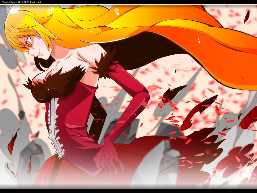 blonde_hair, breasts, cleavage, dress, elbow_gloves, gloves, kissshot_acerolaorion_heartunderblade, kizumonogatari, long_hair, monogatari_(series), oshino_shinobu, petals, vampire, yadokugaeru, yellow_eyes