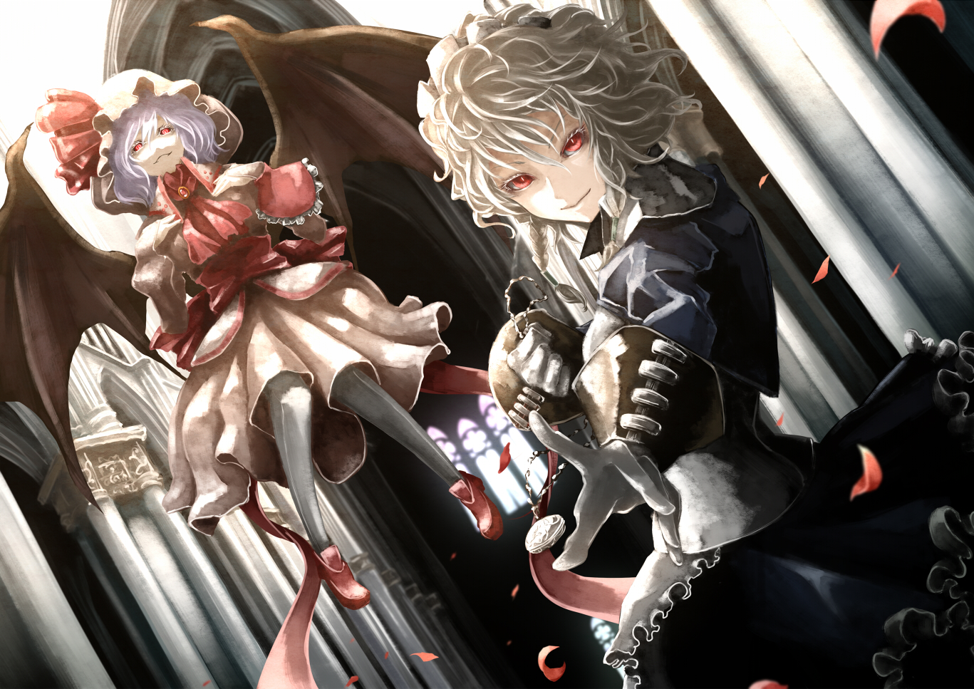 akihira_fujinohara, braids, dress, gloves, gray_hair, headdress, izayoi_sakuya, maid