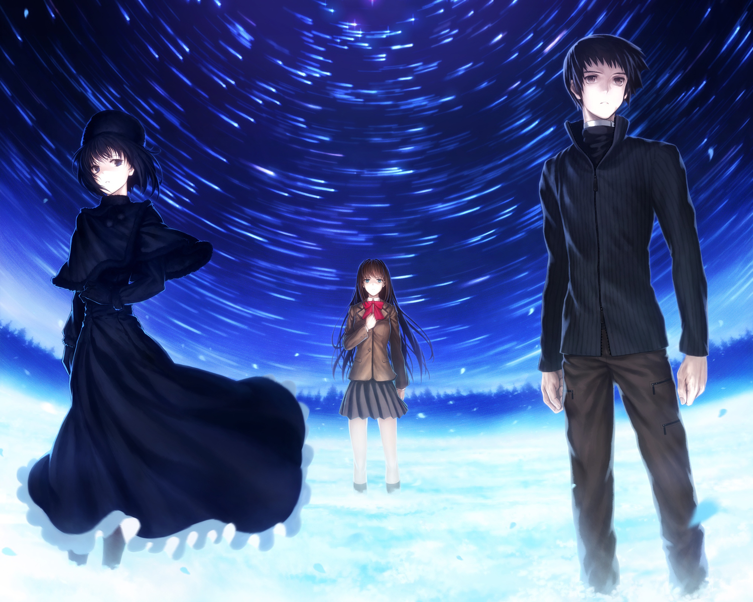 aozaki_aoko, kuonji_alice, lain_(artist), mahou_tsukai_no_yoru, petals, school_uniform, shizuki_soujuurou, stars