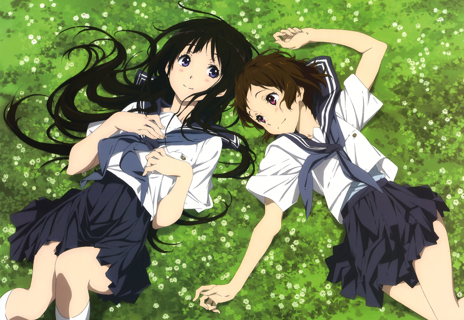 2girls, black_hair, brown_hair, chitanda_eru, grass, hyouka, ibara_mayaka, nyantype