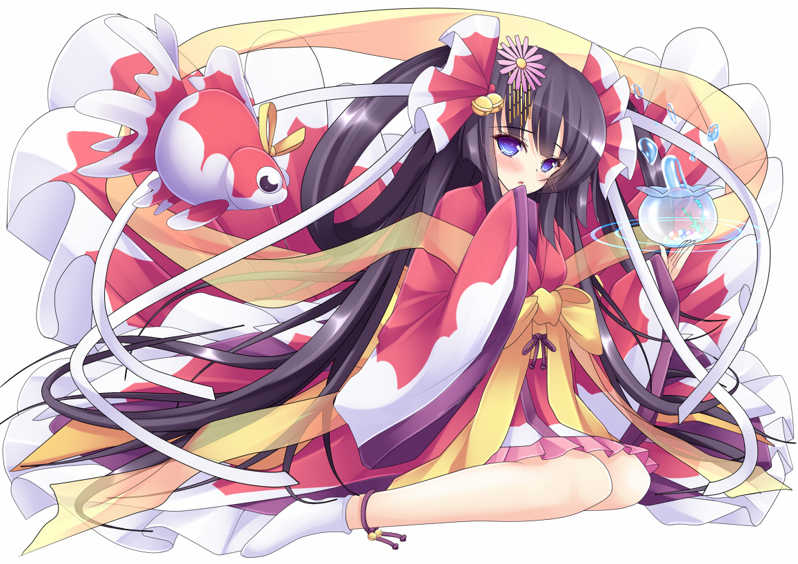animal, bell, bicolored_eyes, black_hair, blue_eyes, blush, fish, japanese_clothes