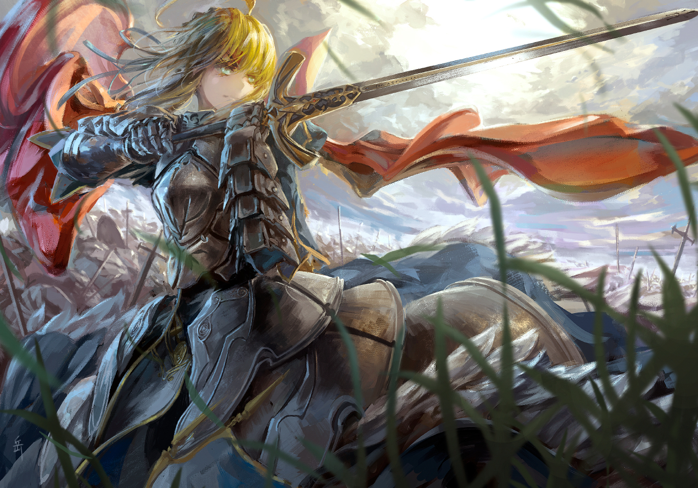 archlich, armor, artoria_pendragon_(all), blonde_hair, fate_(series), fate/stay_night, fate/zero, grass, green_eyes, saber, sword, weapon
